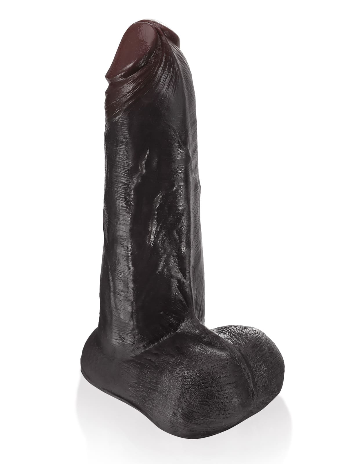 Three-quarter view of the black sliding skin dildo with moving balls and base