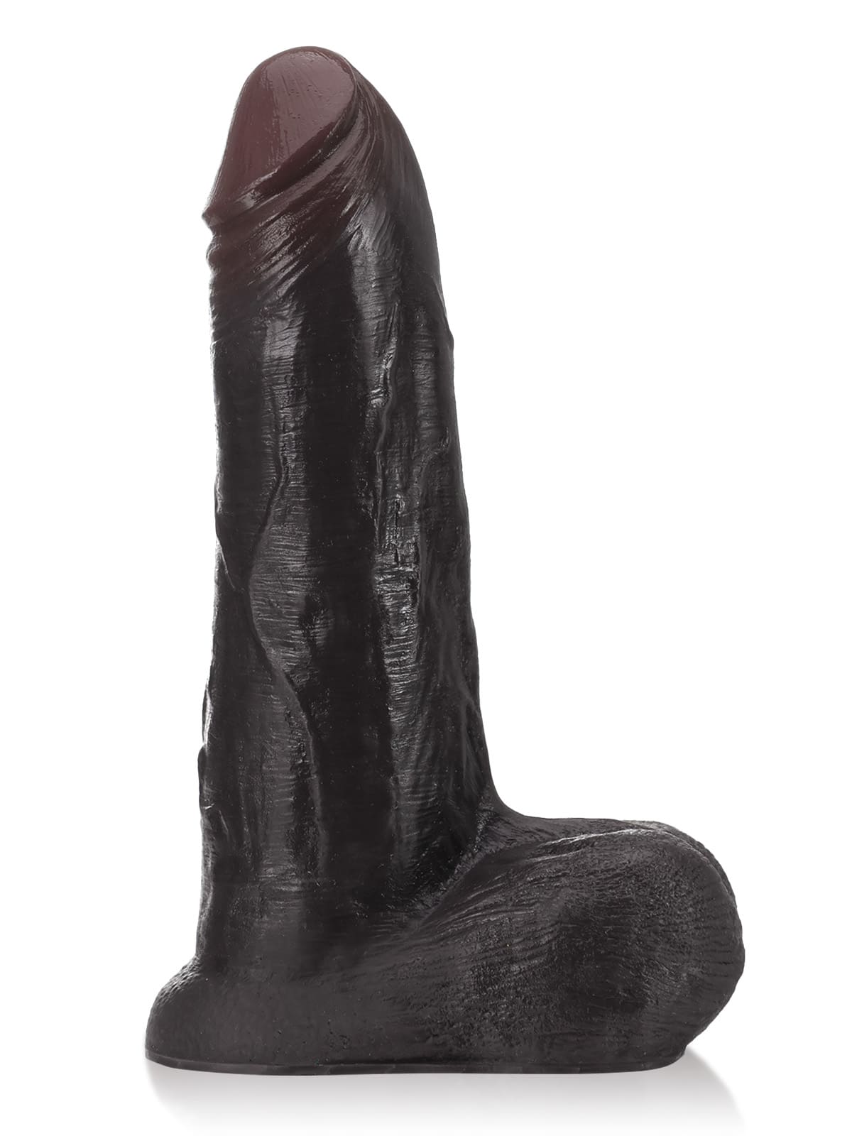 Side profile of the black sliding skin dildo with the base visible