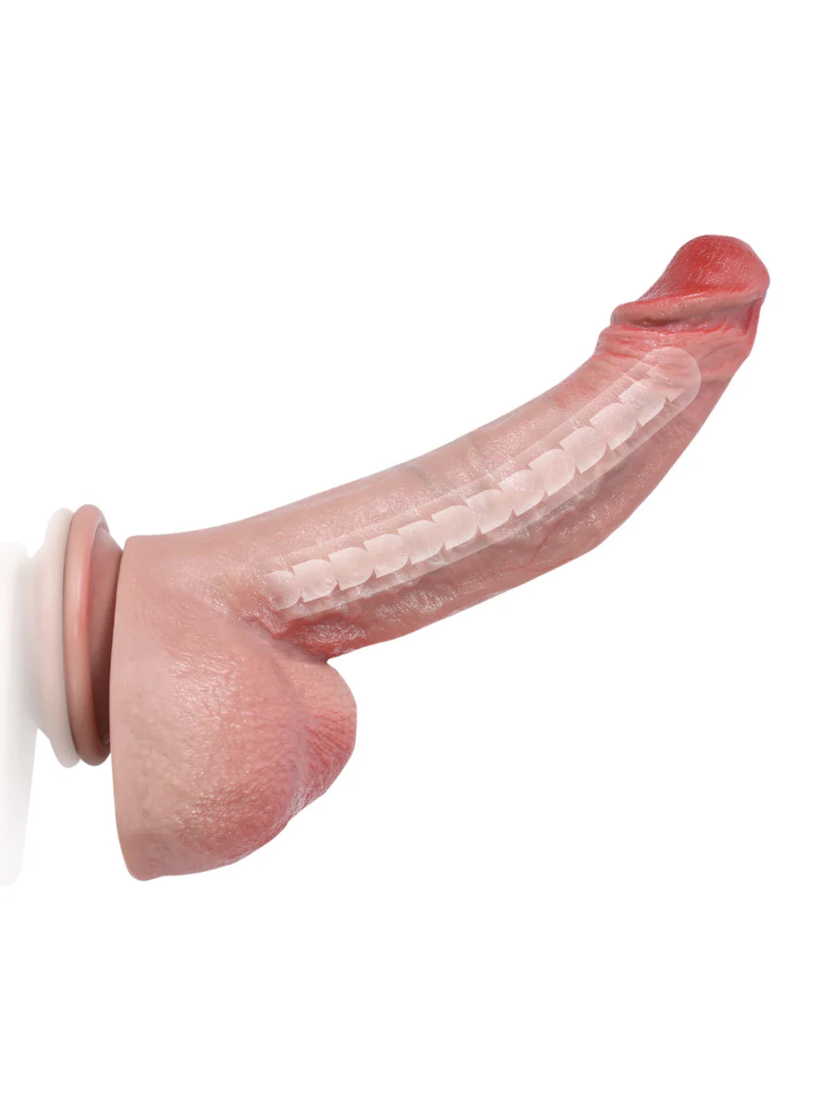 Side view of Charlie bendable dildo showing visible internal core detail, testicles and suction cup base
