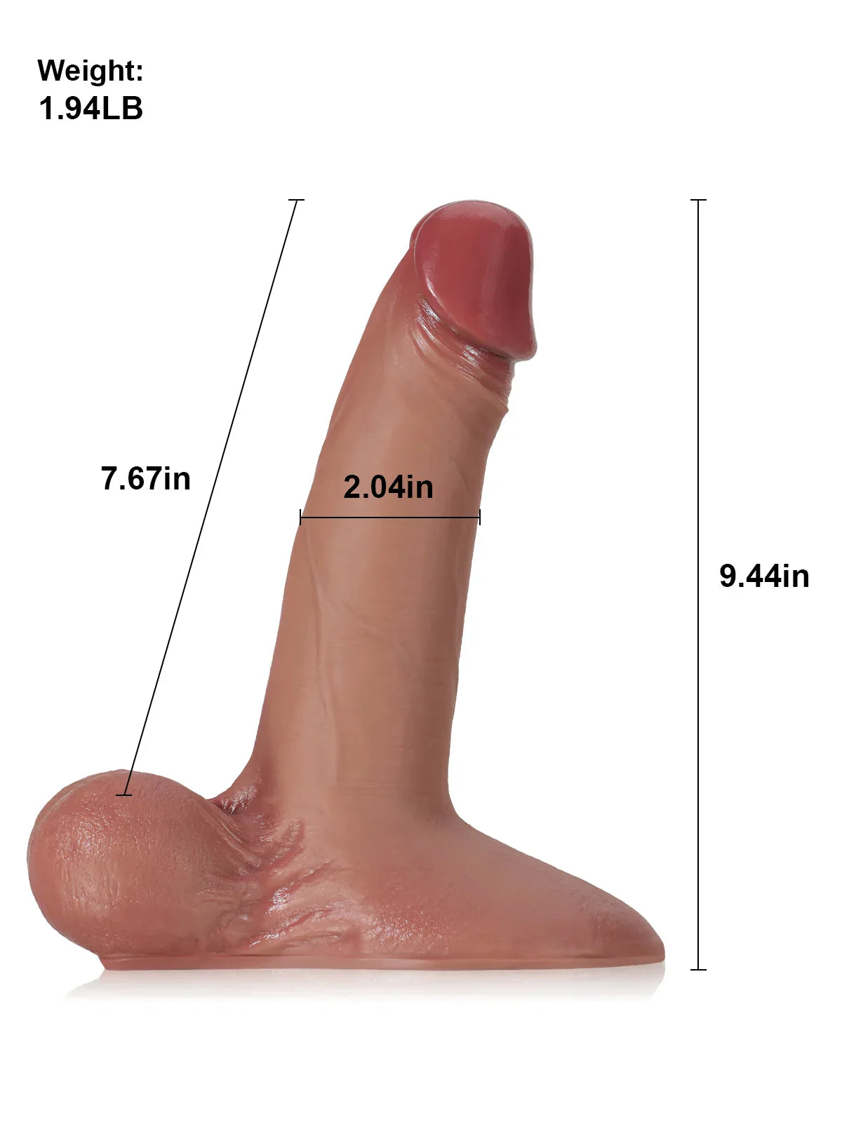 Size chart for the brown sliding skin dildo with moving balls showing 9.44 inch length and 2.04 inch width