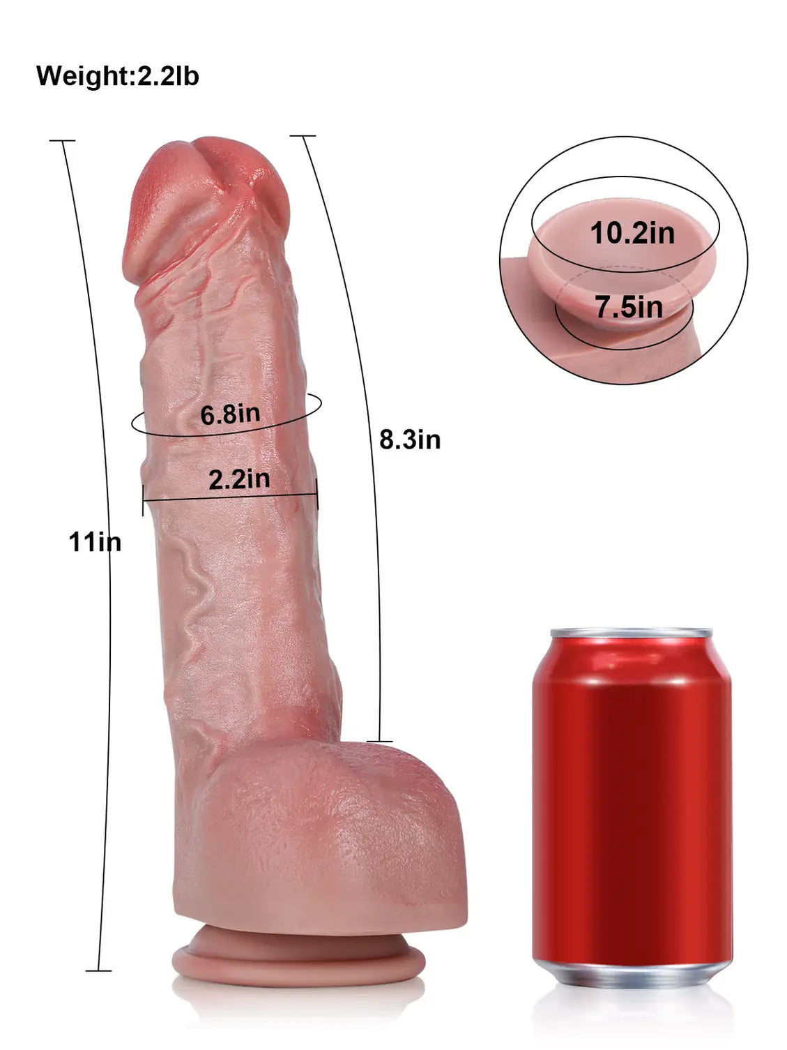Size chart for the large realistic dildo showing 11 inch length and 2.2 inch width beside a can