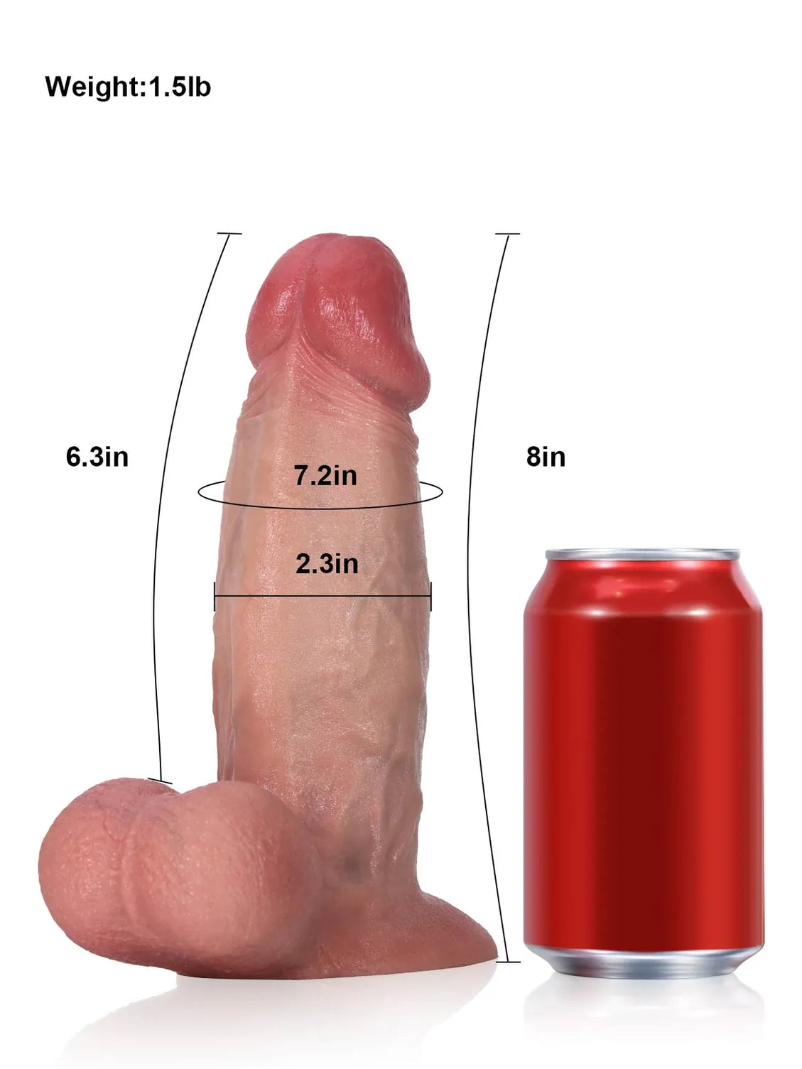 Size chart for the Greg curved dildo showing 8 inch length and 2.3 inch width