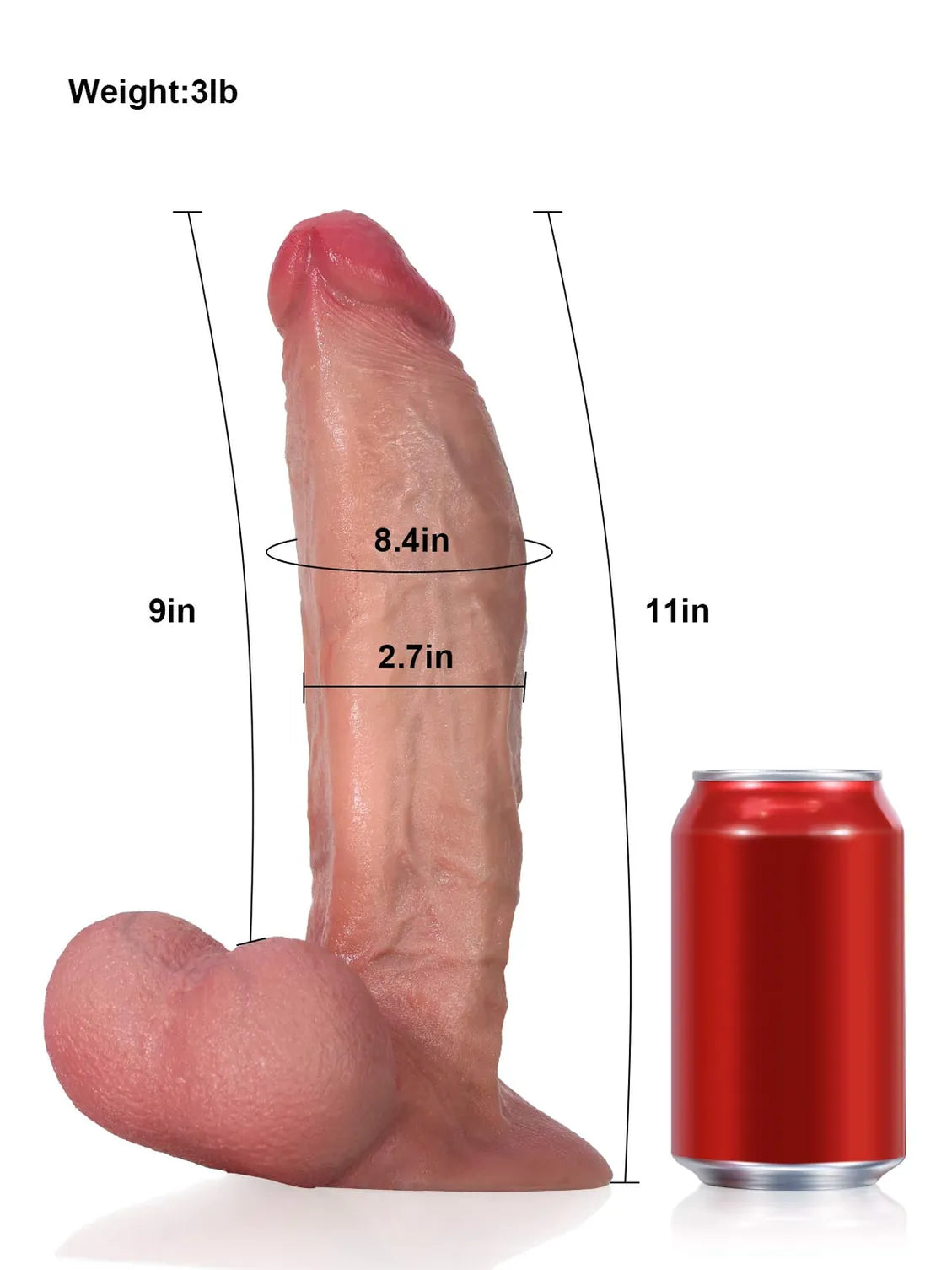 Size chart for the Legolas curved dildo showing 11 inch length and 2.7 inch width