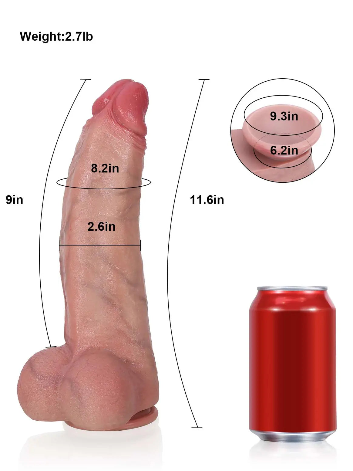 Size chart for the thick realistic dildo showing 11.6 inch length and 2.6 inch width beside a can