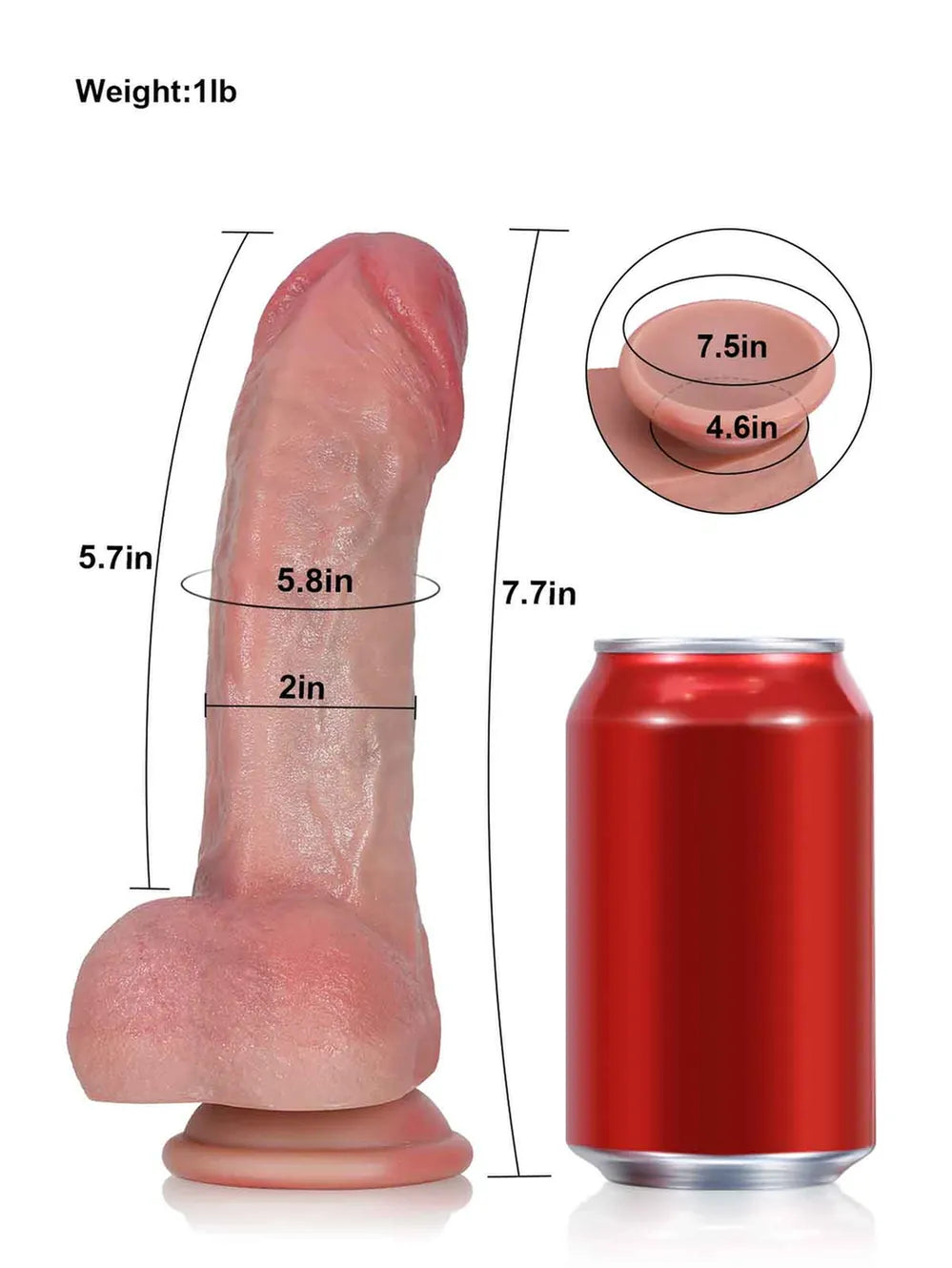 Size chart for the curved beginner dildo showing 7.7 inch length and 2 inch width beside a can