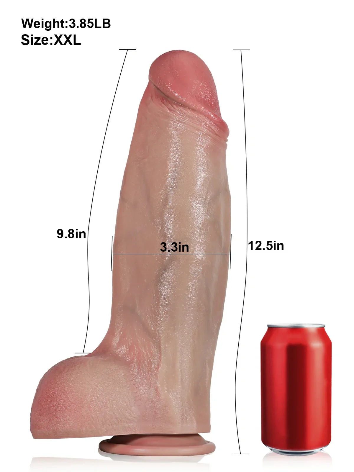 Size chart for the XXL thick realistic dildo showing 12.5 inch length and 3.3 inch width beside a can