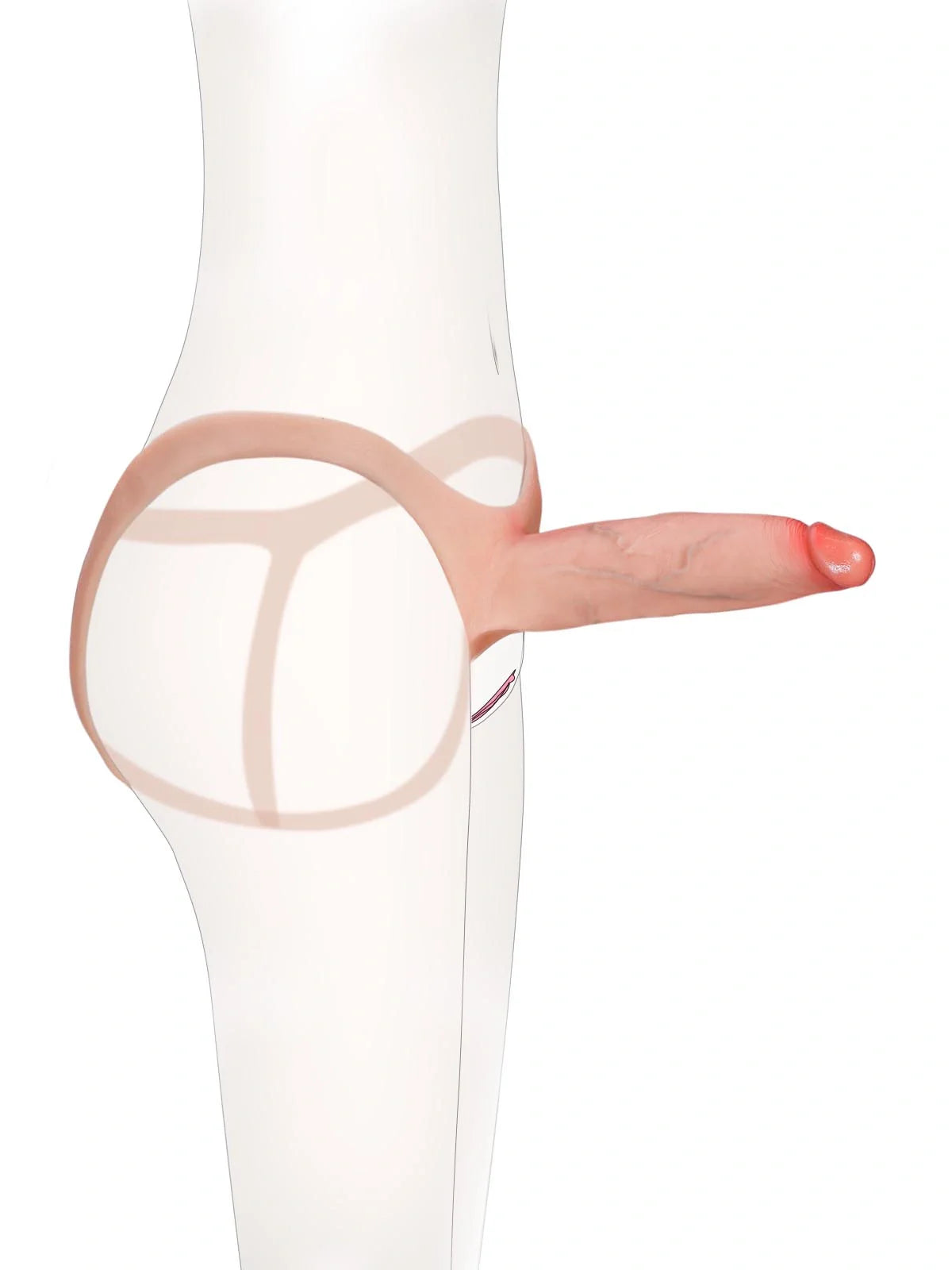 Emberfall hollow strap-on worn on a mannequin from the side with the shaft extended forward