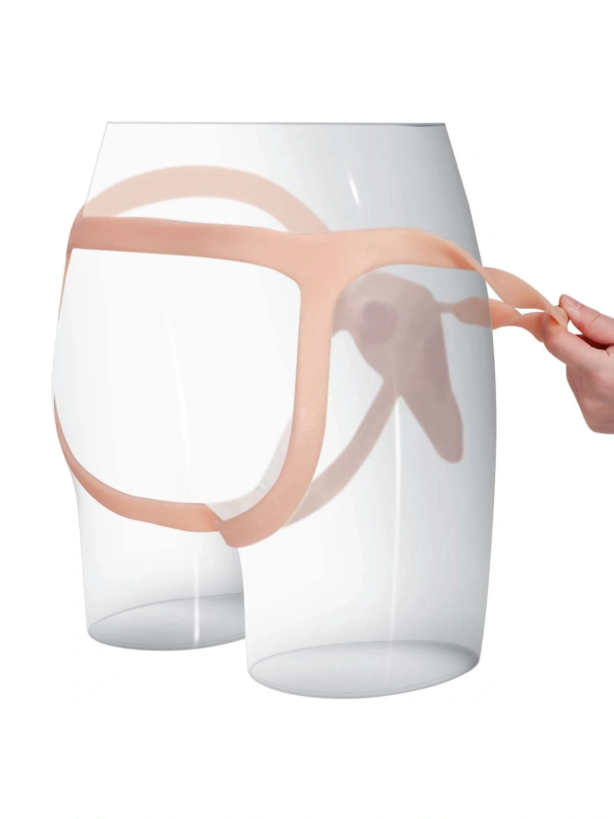Emberfall hollow strap-on side view on mannequin shorts with the rear opening visible