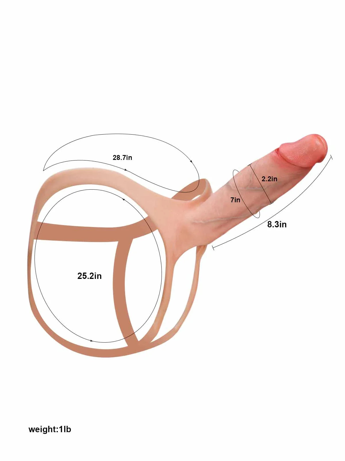 Size diagram for the Seraphine wearable hollow strap-on sleeve
