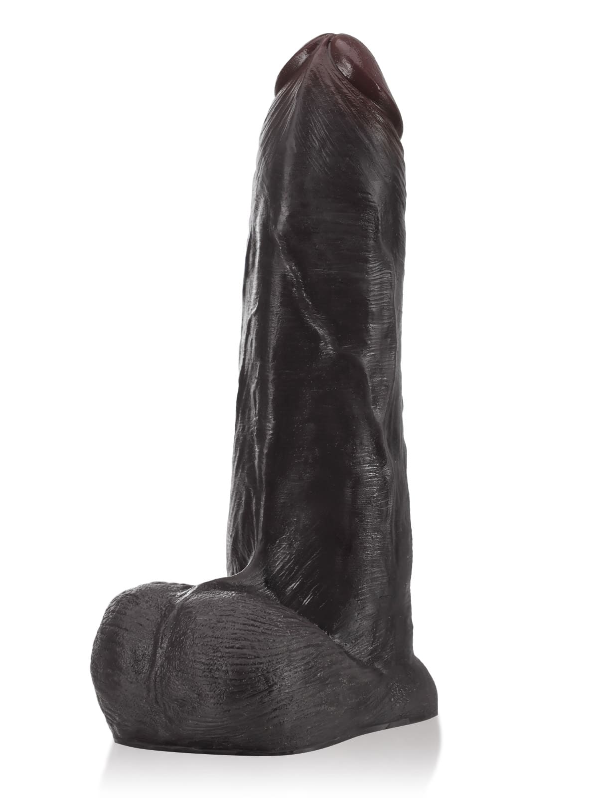 Left side view of the black sliding skin dildo with moving balls on a white background