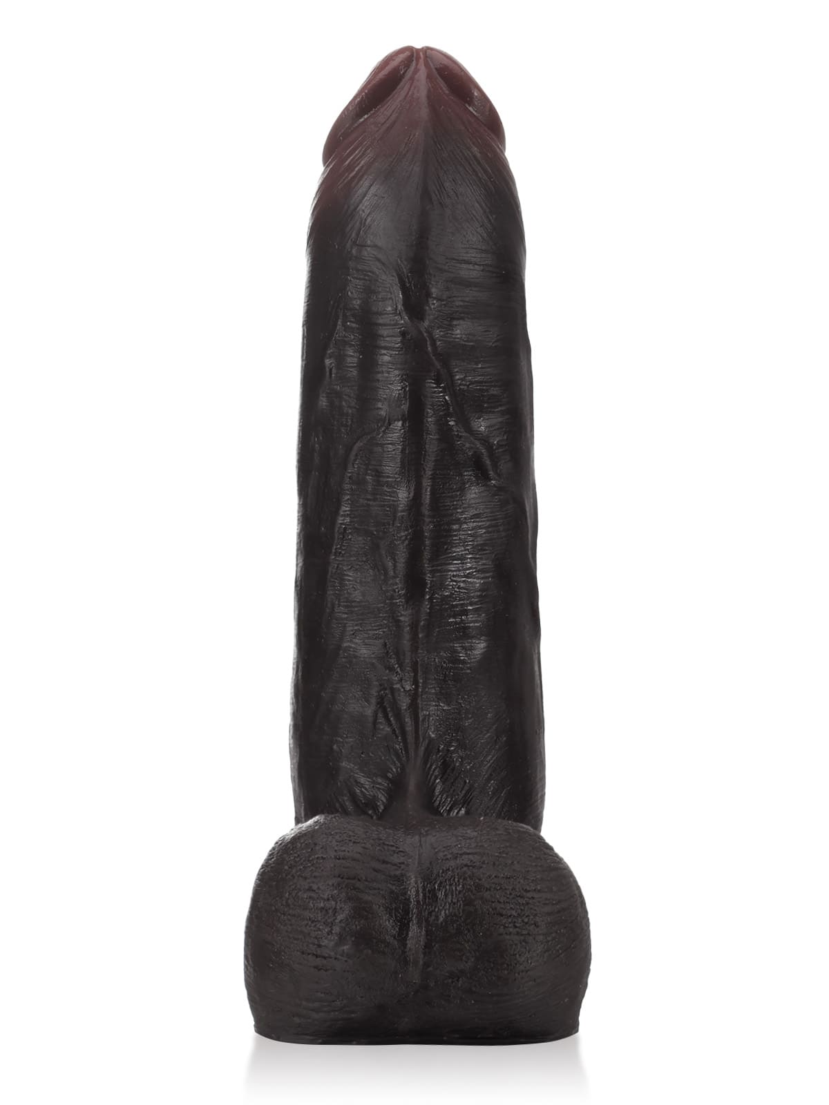 Front view of the black sliding skin dildo with the balls visible
