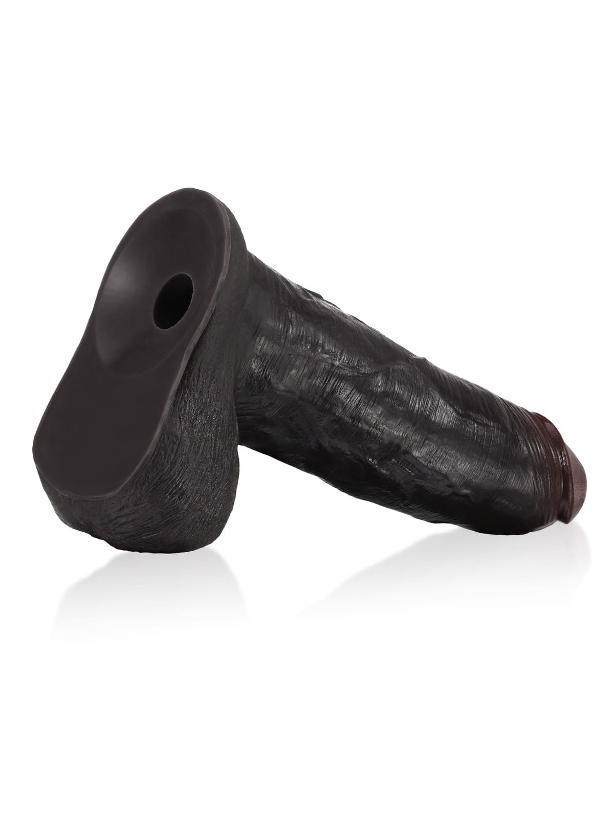 Bottom angle view of the black sliding skin dildo with the Vac-U-Lock base hole