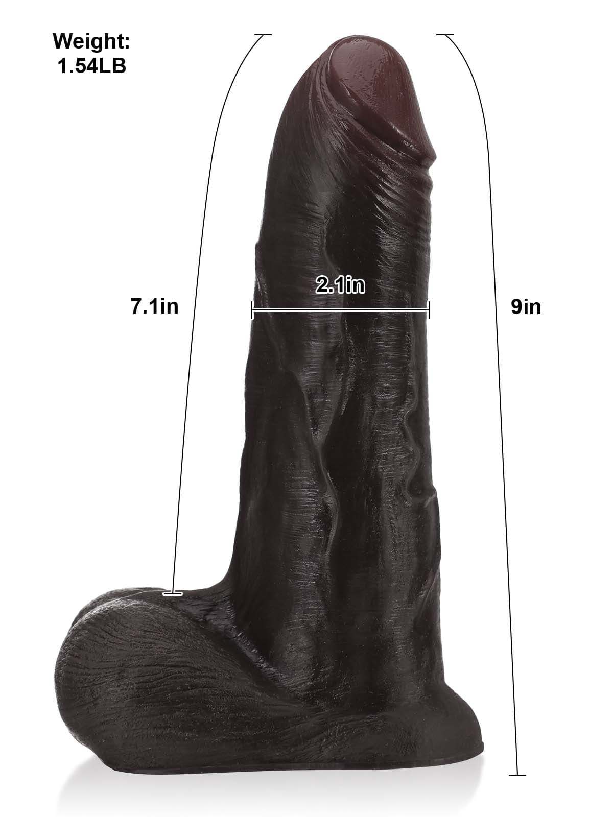 Size chart for the black sliding skin dildo with moving balls showing 9 inch length and 2 inch width