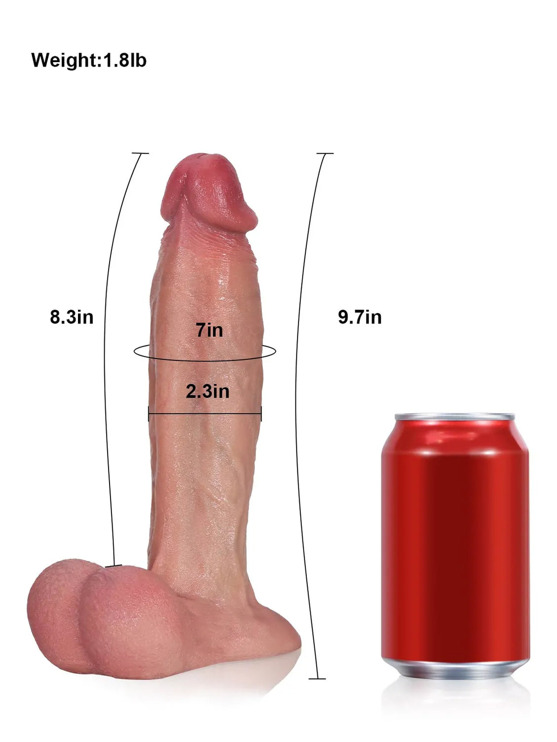 Size chart for the Elrond curved dildo showing 9.7 inch length and 2.3 inch width
