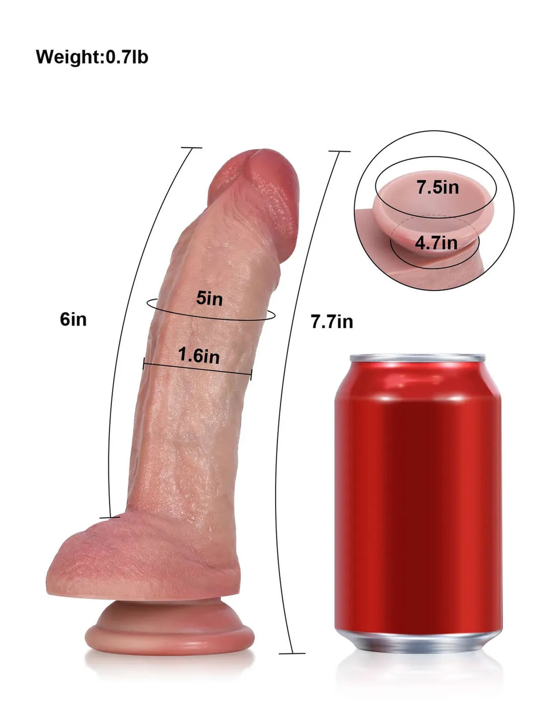 Size chart for the curved textured dildo showing 7.7 inch length and 1.6 inch width beside a can