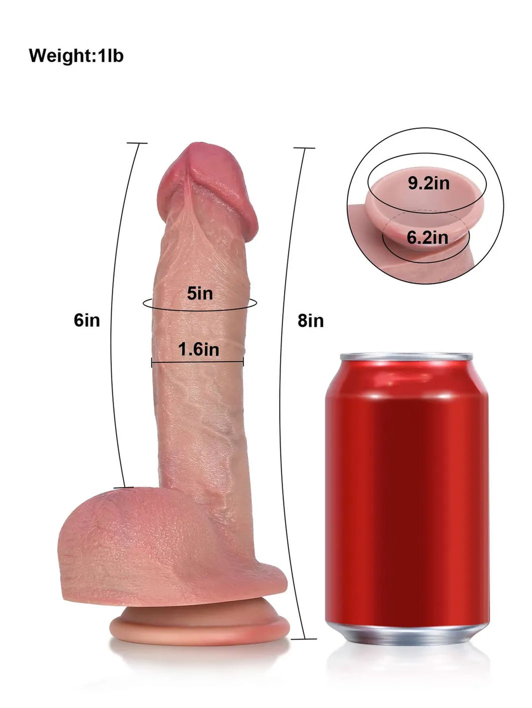Size chart for 8 inch realistic dildo showing 6 inch insertable length, 1.6 inch diameter and soda can scale