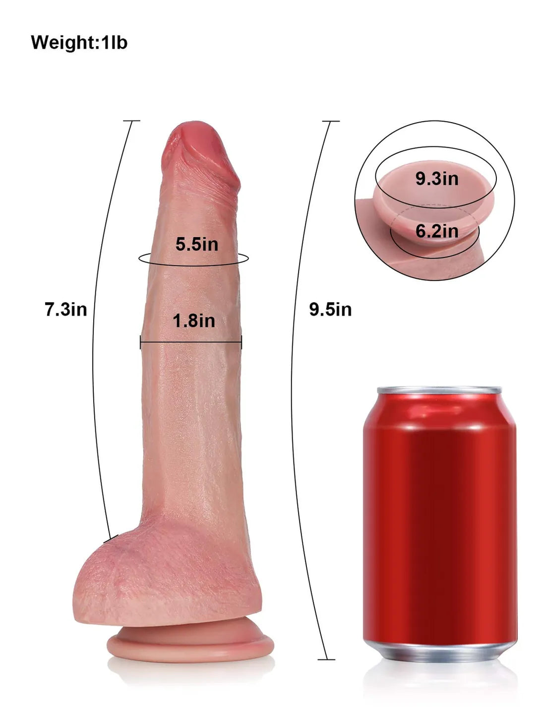 Size chart for realistic dildo showing 9.5 inch total length, 7.3 inch insertable length and 1.8 inch diameter beside a soda can