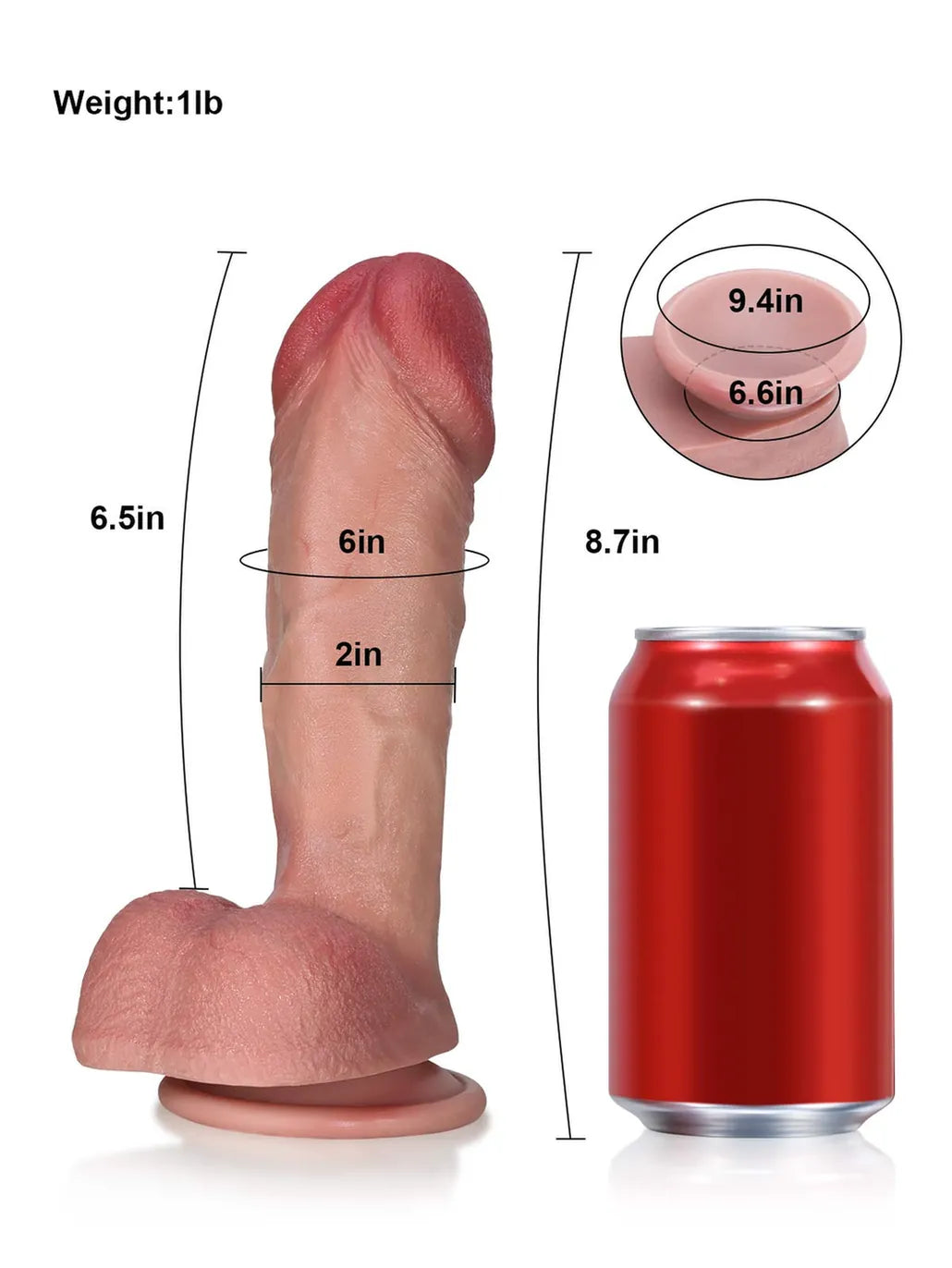 Size chart for Cody dildo showing 8.7 inch length, 6.5 inch insertable length, 2 inch diameter and soda can scale