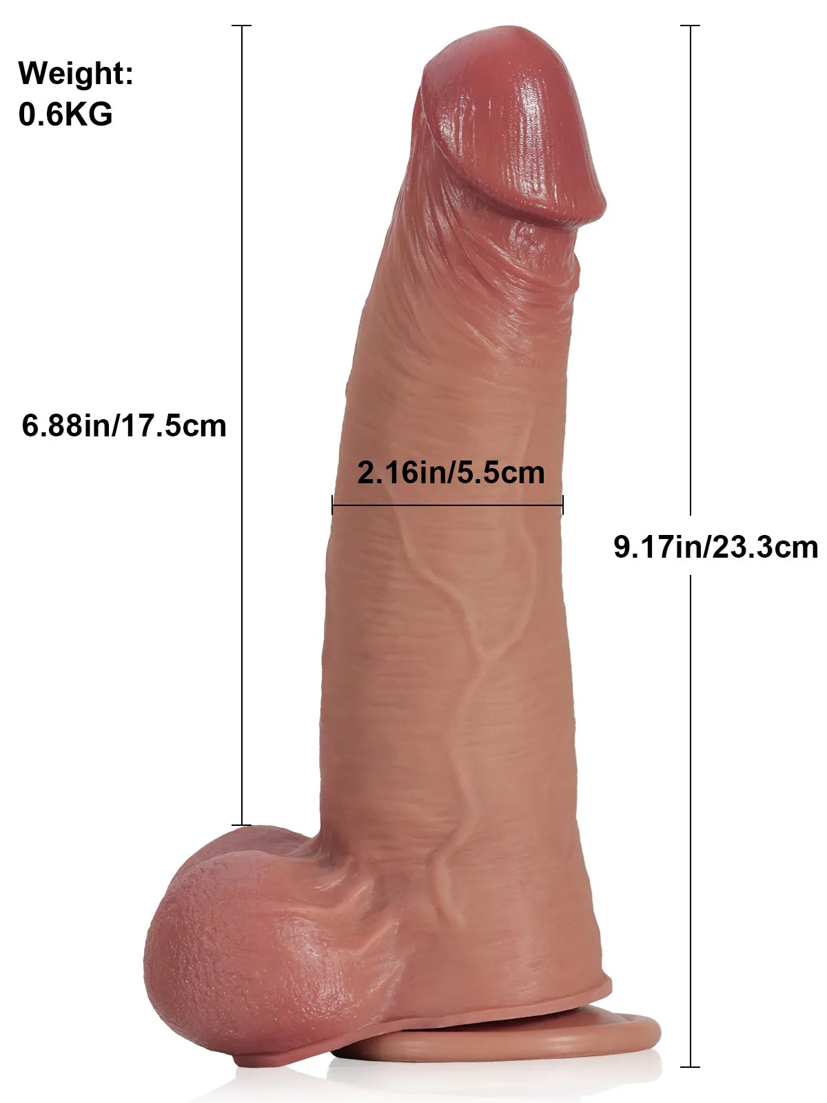 Size chart for the brown sliding skin dildo with moving balls showing 9.17 inch length and 2.16 inch width