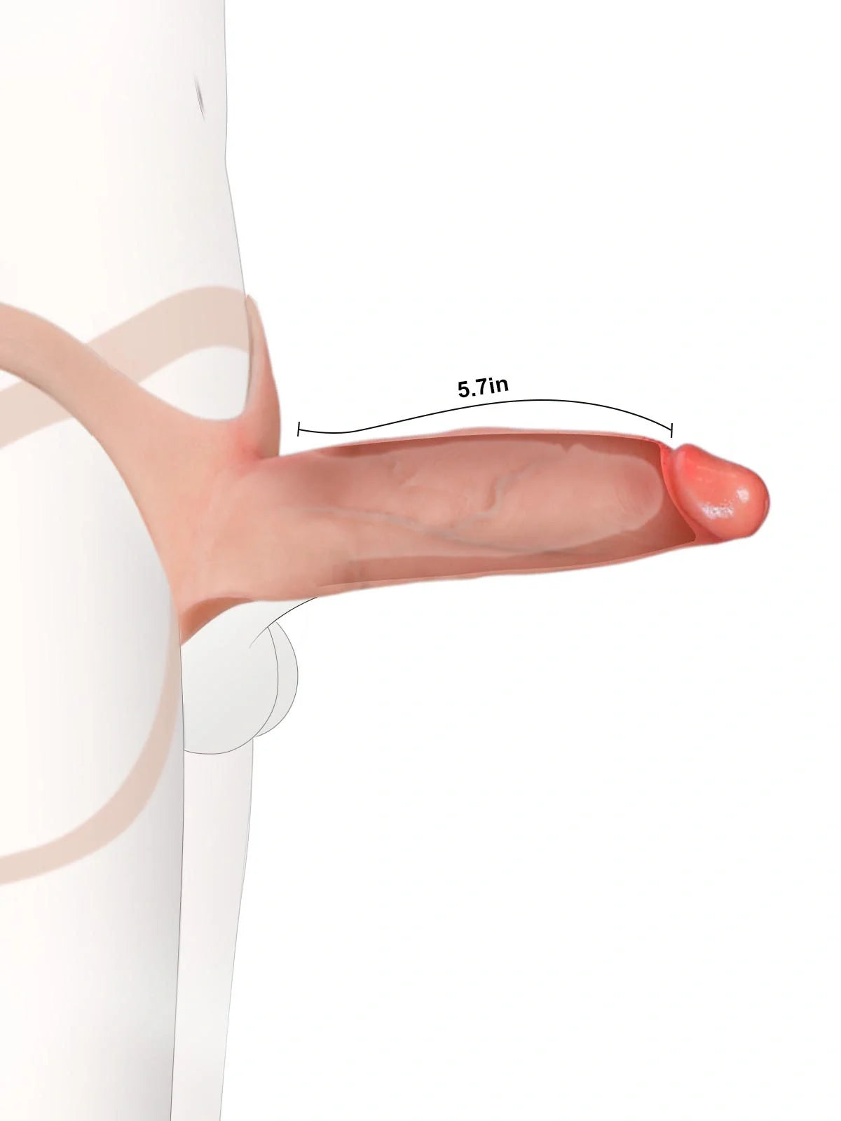 Emberfall hollow strap-on worn on a mannequin side view with a 5.7 inch insertable length note