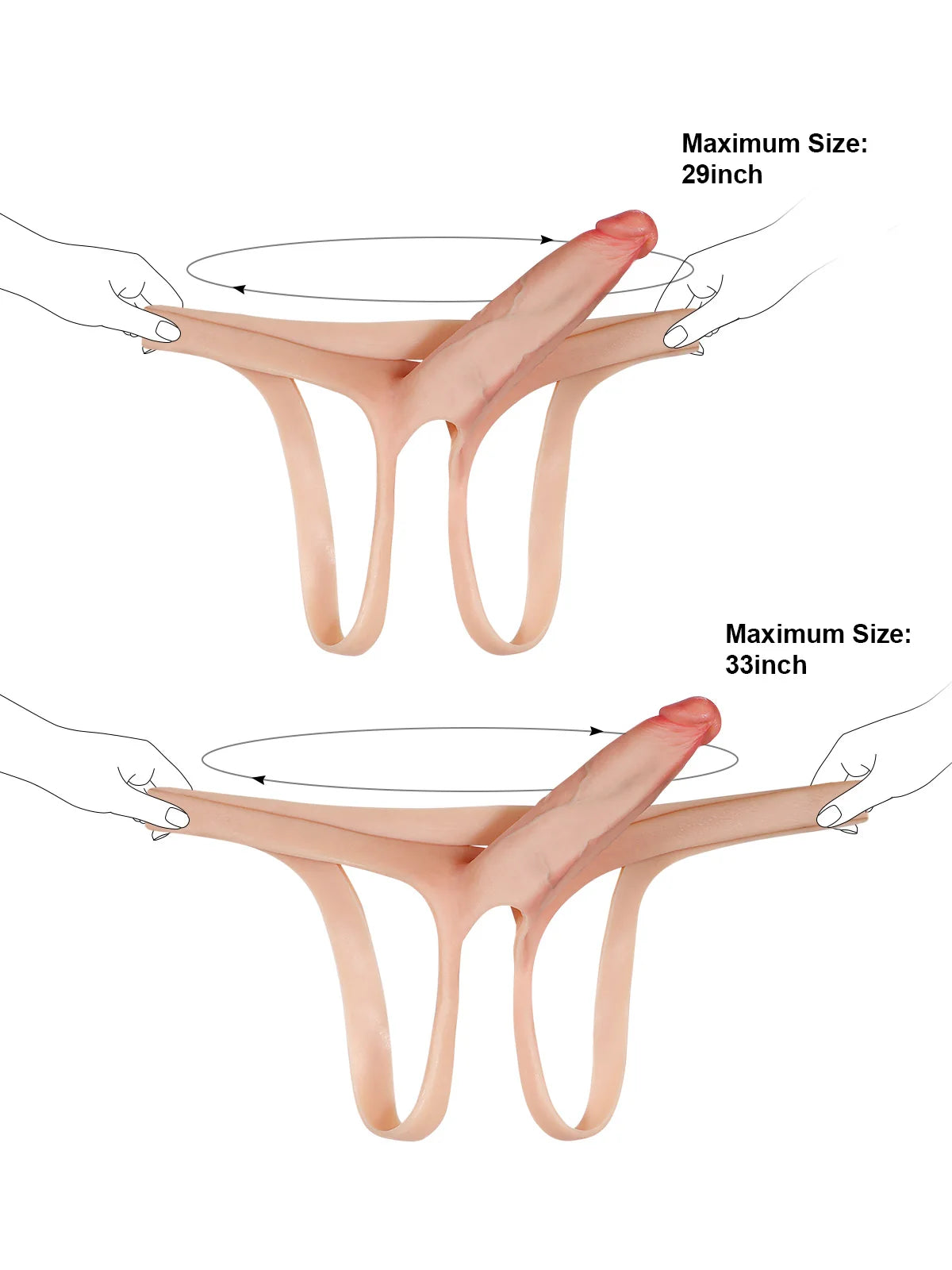 Emberfall hollow strap-on diagram showing 29 inch and 33 inch maximum size options