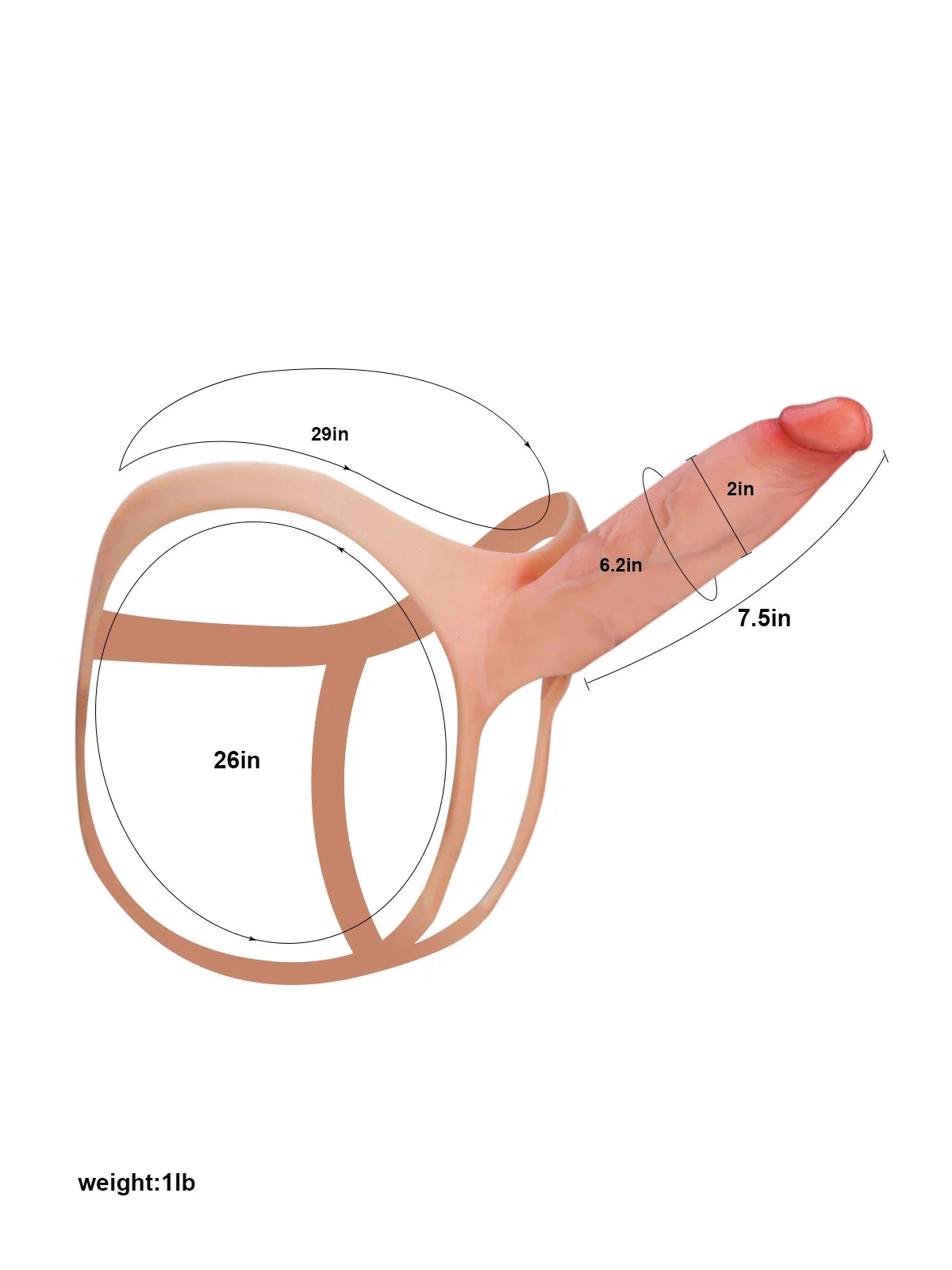 Emberfall hollow strap-on size chart showing 7.5 inch length and 26 to 29 inch waist fit