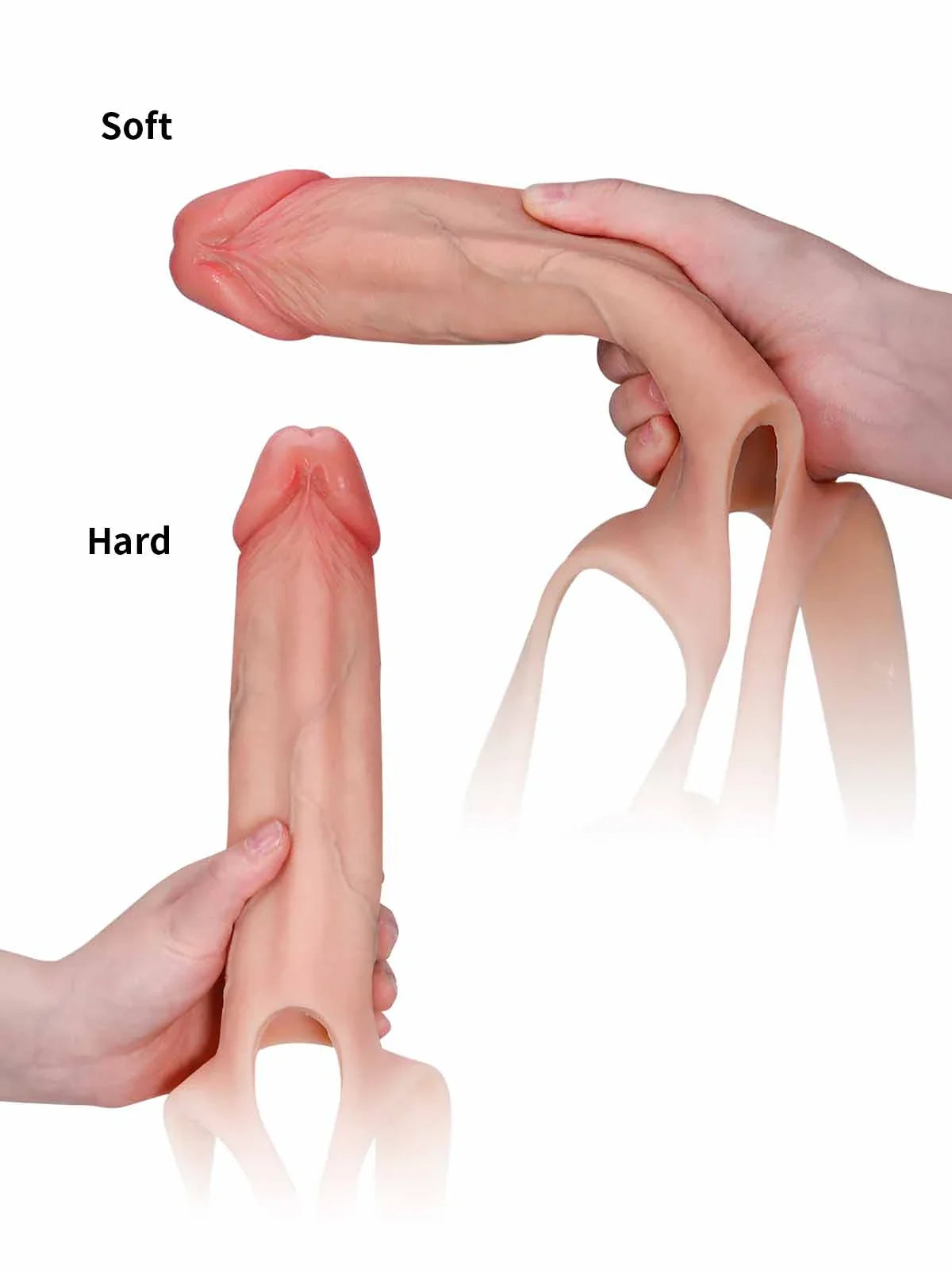Firm-texture and soft comparison image for the Seraphine hollow strap-on sleeve