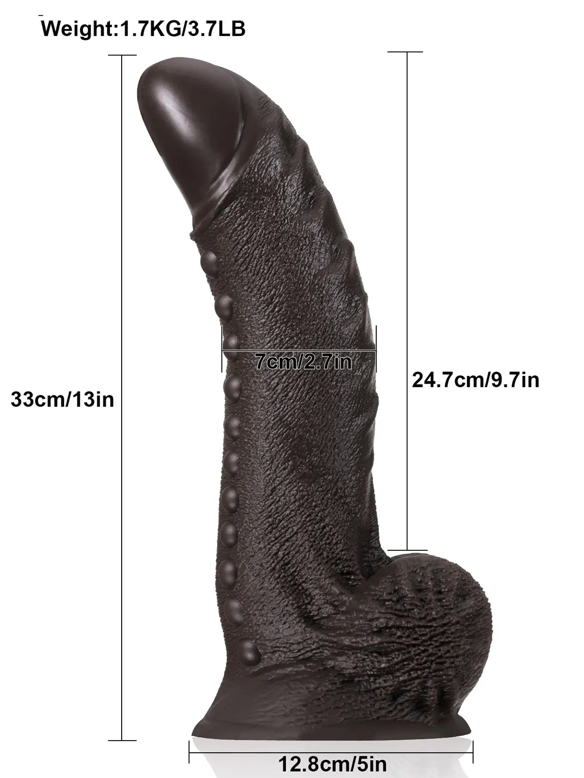 13" x 2.7" Large Black Dildo with Textured Shaft and Massage Beads