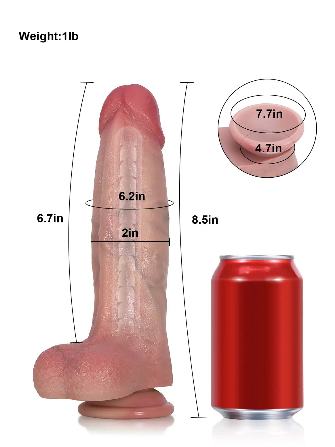 Size chart for the flexible ridged dildo showing 8.5 inch length and 2 inch width beside a can